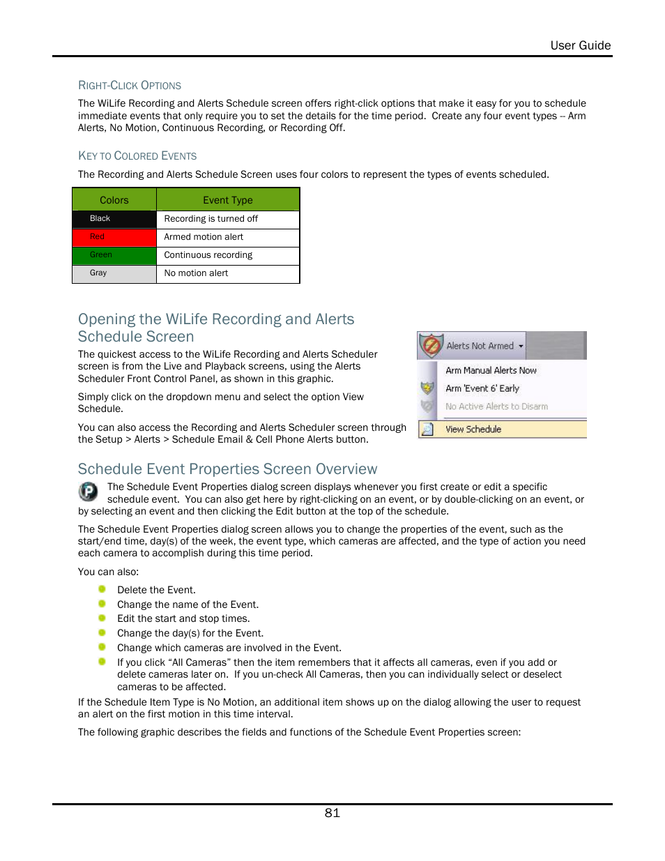 Schedule event properties screen overview | WiLife V2.1 User Manual | Page 94 / 165