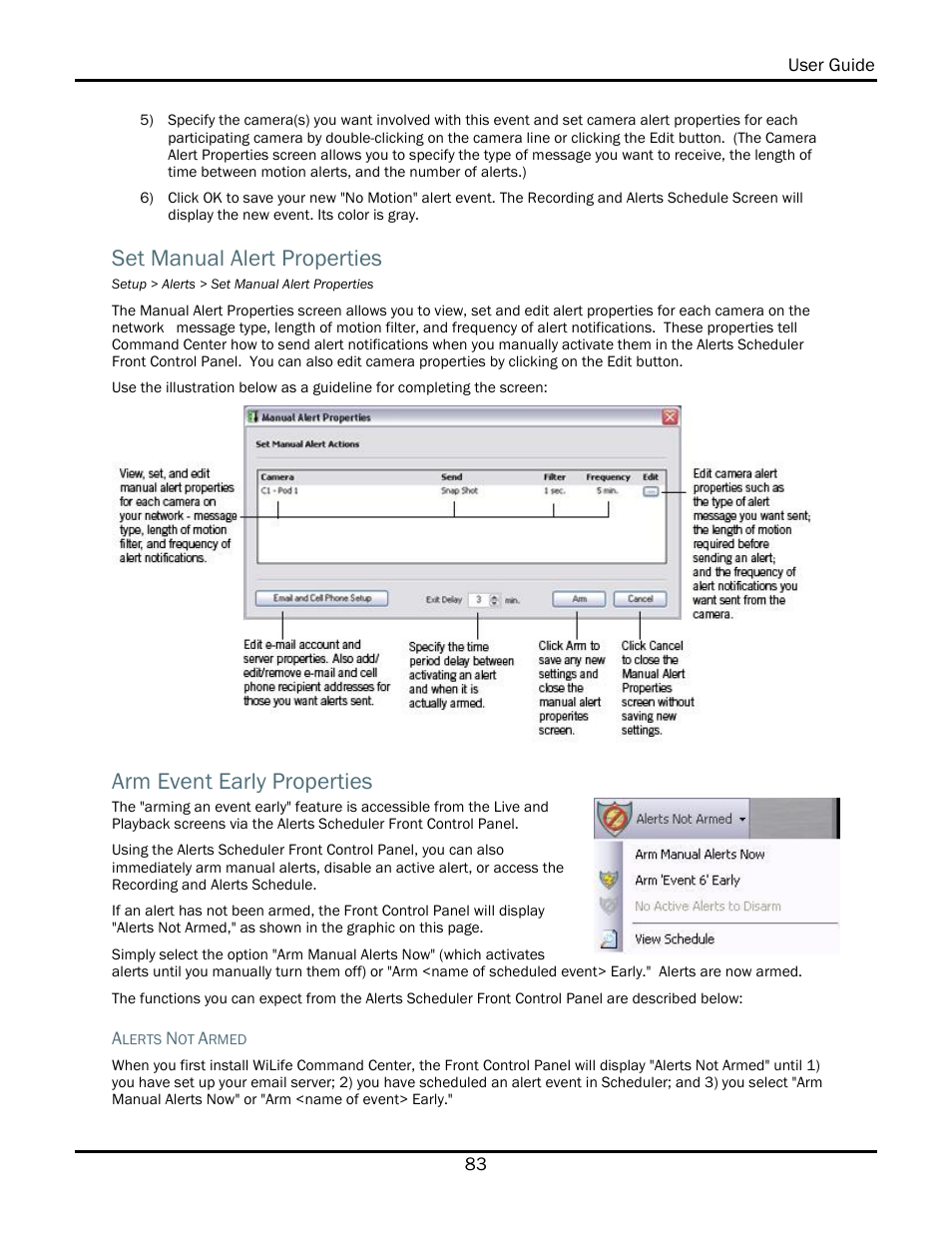 Set manual alert properties, Arm event early properties | WiLife V2.1 User Manual | Page 96 / 165