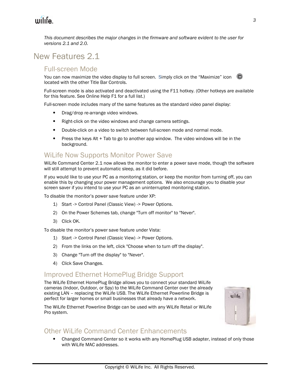 New features 2.1, Full-screen mode, Wilife now supports monitor power save | Improved ethernet homeplug bridge support, Other wilife command center enhancements | WiLife Video Security System User Manual | Page 4 / 9
