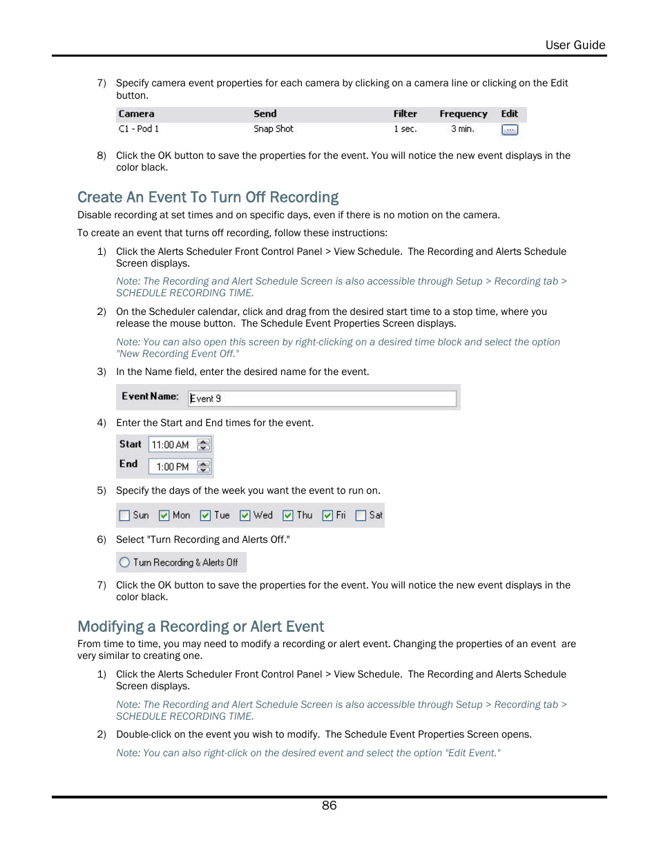 Create an event to turn off recording, Modifying a recording or alert event | WiLife V2.5 User Manual | Page 100 / 166