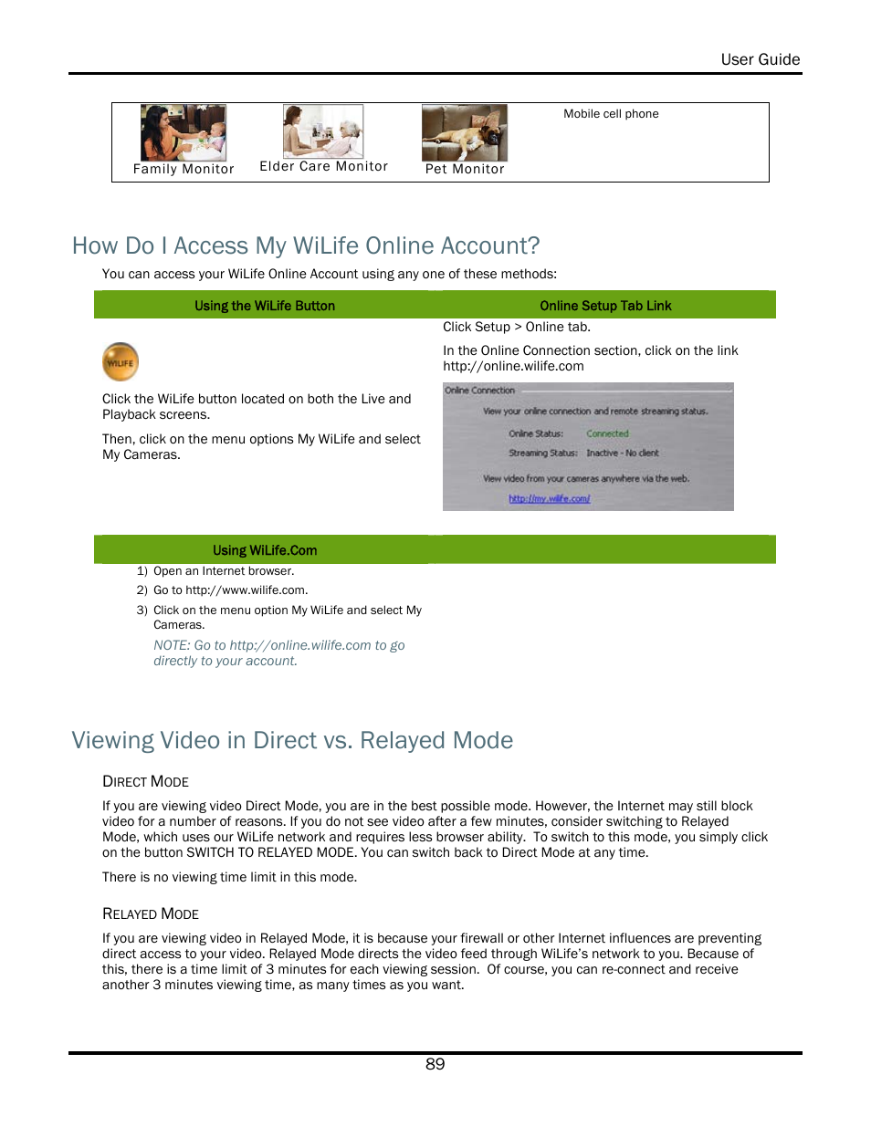 How do i access my wilife online account, Viewing video in direct vs. relayed mode | WiLife V2.5 User Manual | Page 103 / 166