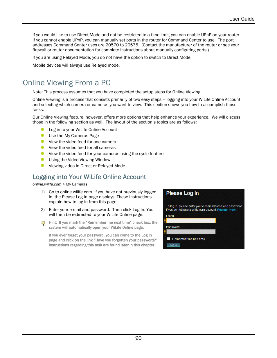 Online viewing from a pc, Logging into your wilife online account | WiLife V2.5 User Manual | Page 104 / 166