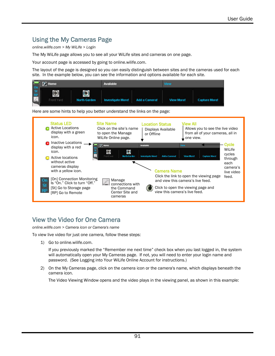 Using the my cameras page, View the video for one camera | WiLife V2.5 User Manual | Page 105 / 166