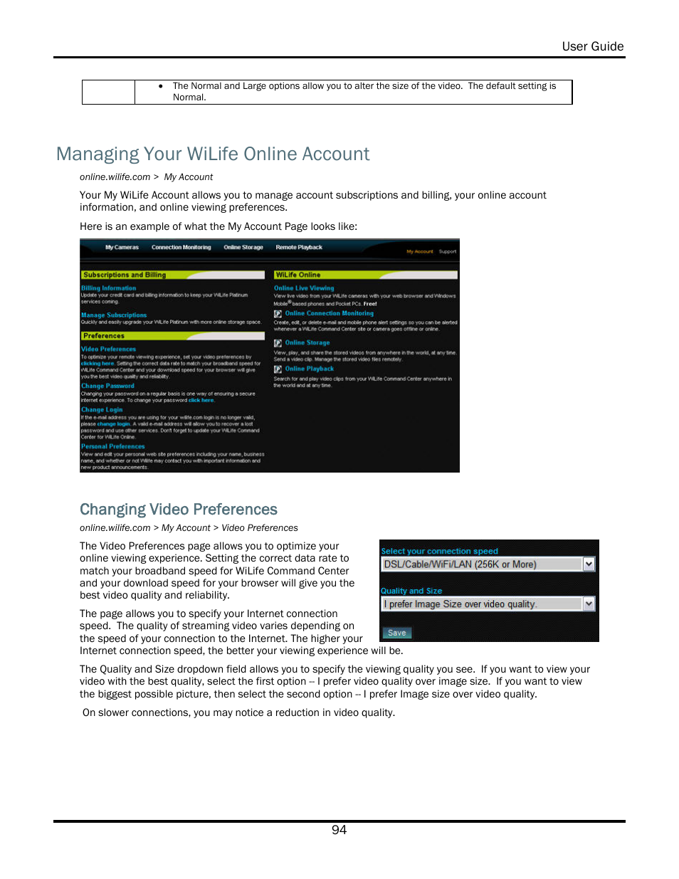 Managing your wilife online account, Changing video preferences | WiLife V2.5 User Manual | Page 108 / 166