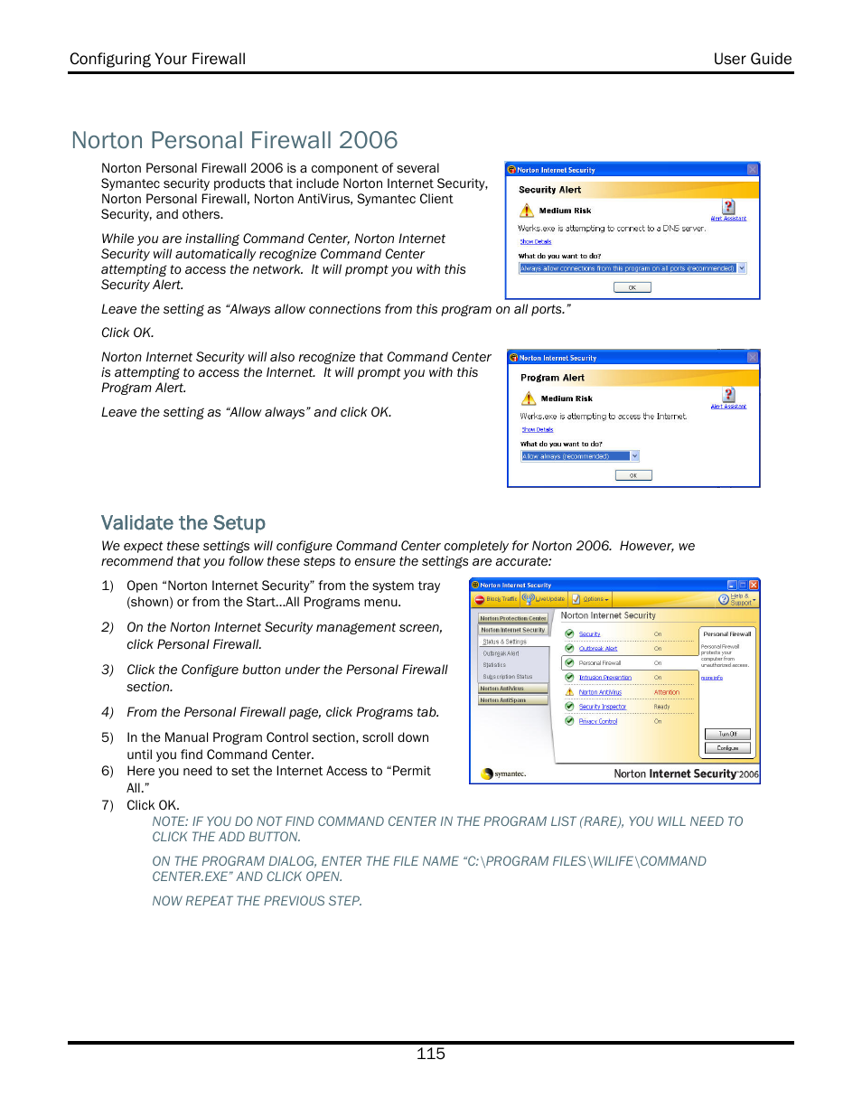 Norton personal firewall 2006, Validate the setup | WiLife V2.5 User Manual | Page 129 / 166