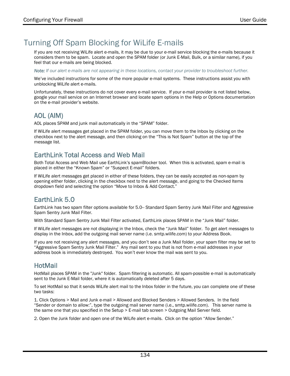 Turning off spam blocking for wilife e-mails, Aol (aim), Earthlink total access and web mail | Earthlink 5.0, Hotmail | WiLife V2.5 User Manual | Page 148 / 166