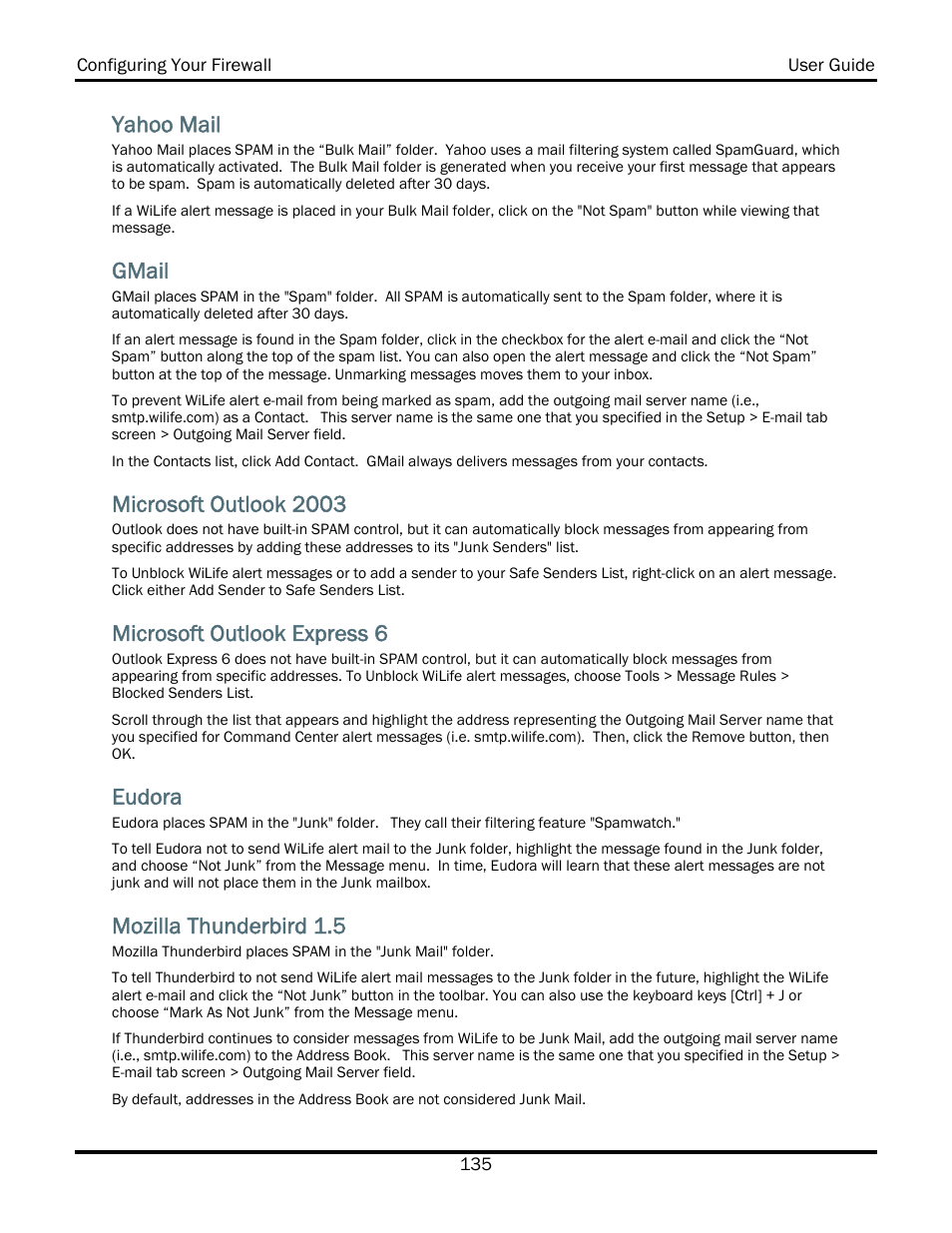 Yahoo mail, Gmail, Microsoft outlook 2003 | Microsoft outlook express 6, Eudora, Mozilla thunderbird 1.5 | WiLife V2.5 User Manual | Page 149 / 166