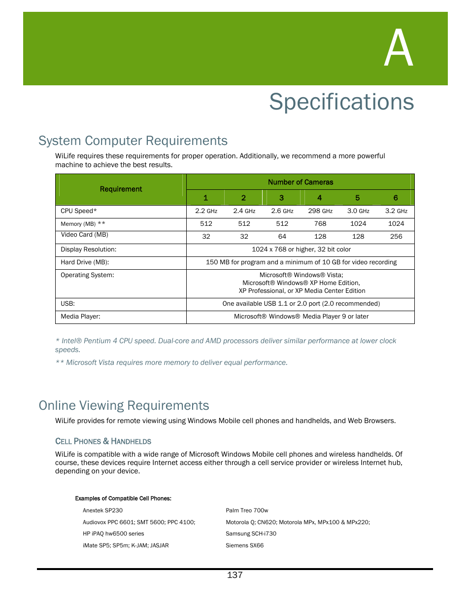 Specifications, System computer requirements, Online viewing requirements | WiLife V2.5 User Manual | Page 151 / 166