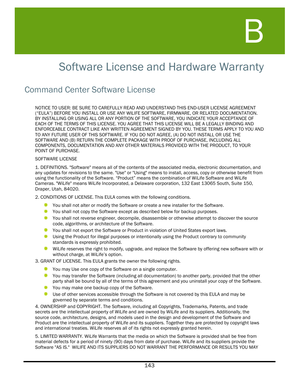 Software license and hardware warranty, Command center software license | WiLife V2.5 User Manual | Page 157 / 166