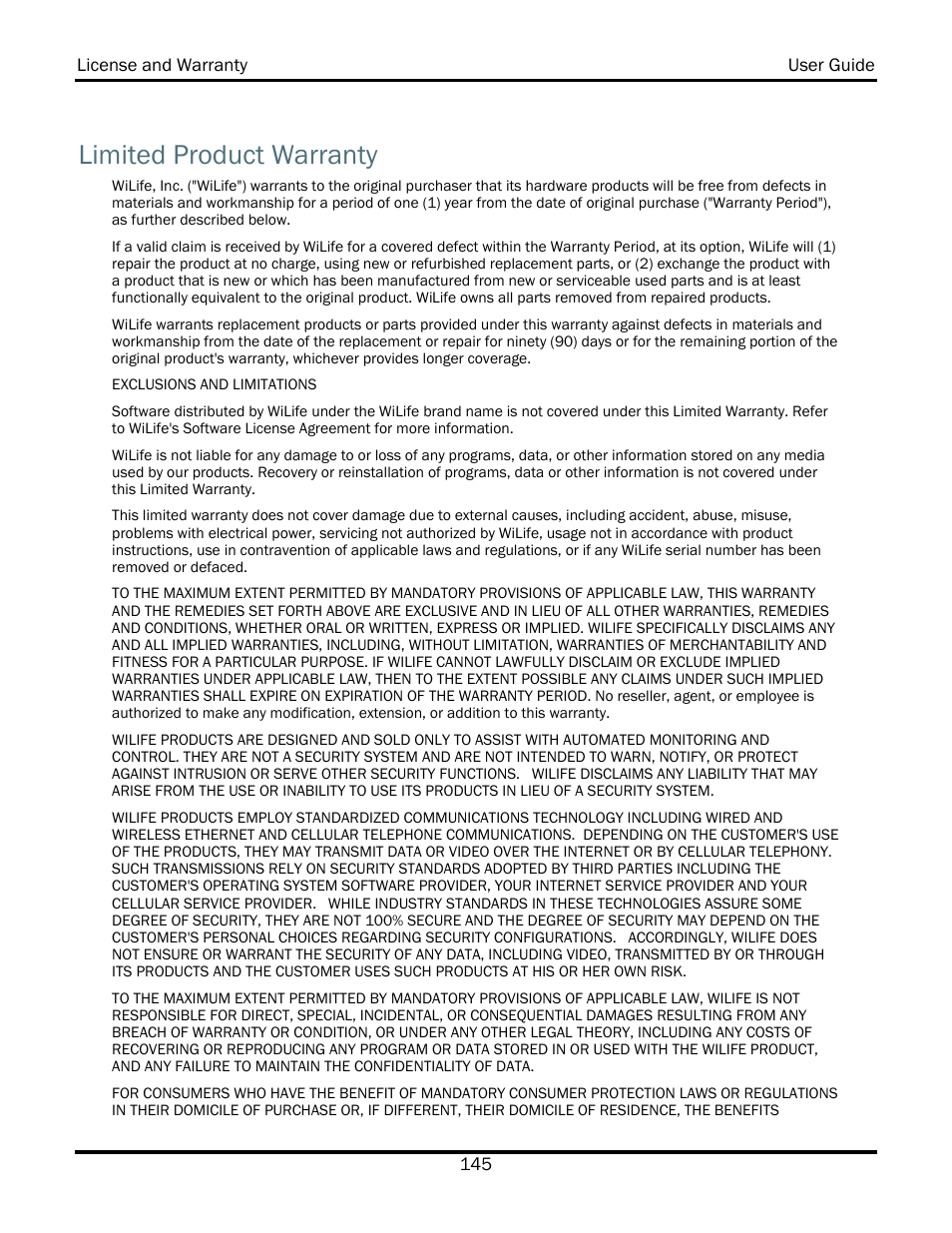 Limited product warranty | WiLife V2.5 User Manual | Page 159 / 166