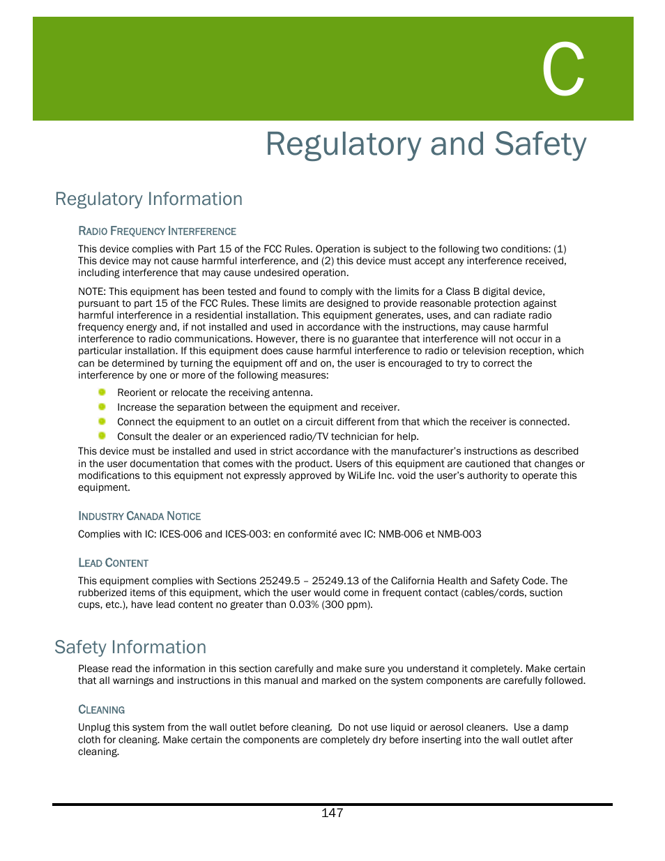 Regulatory and safety, Regulatory information, Safety information | WiLife V2.5 User Manual | Page 161 / 166