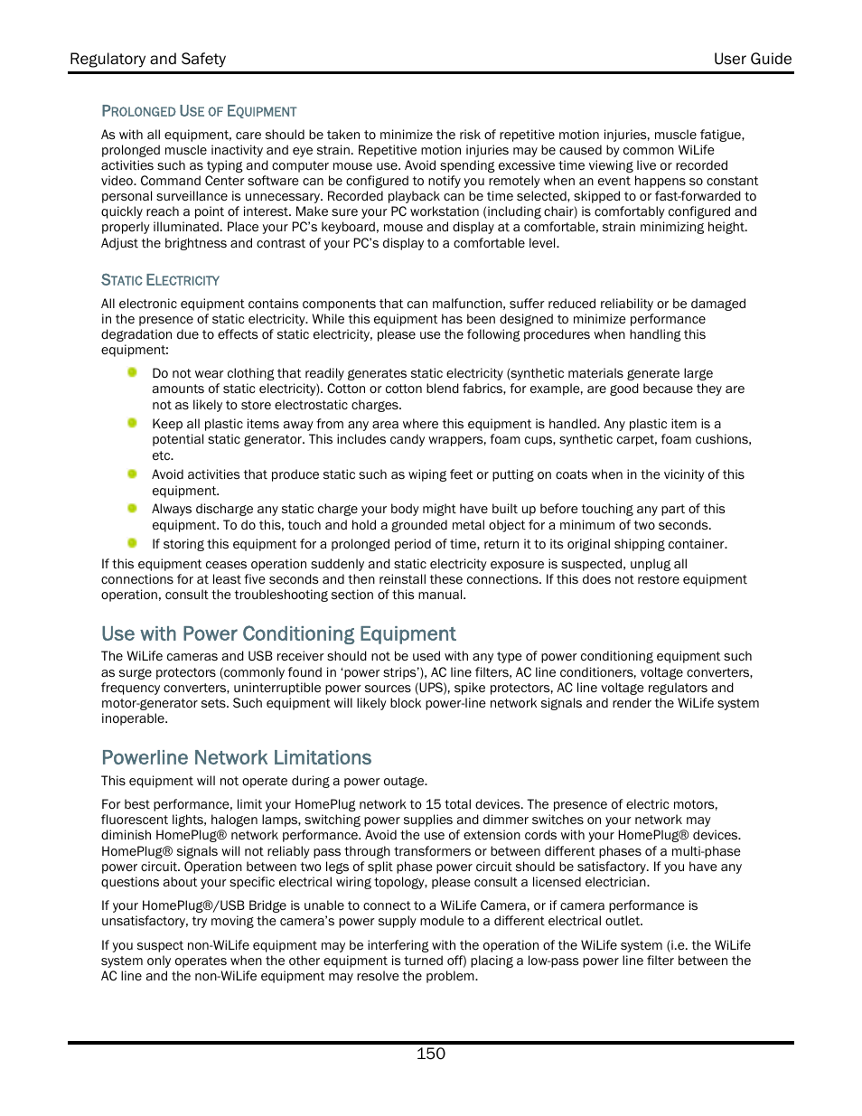 Use with power conditioning equipment, Powerline network limitations | WiLife V2.5 User Manual | Page 164 / 166