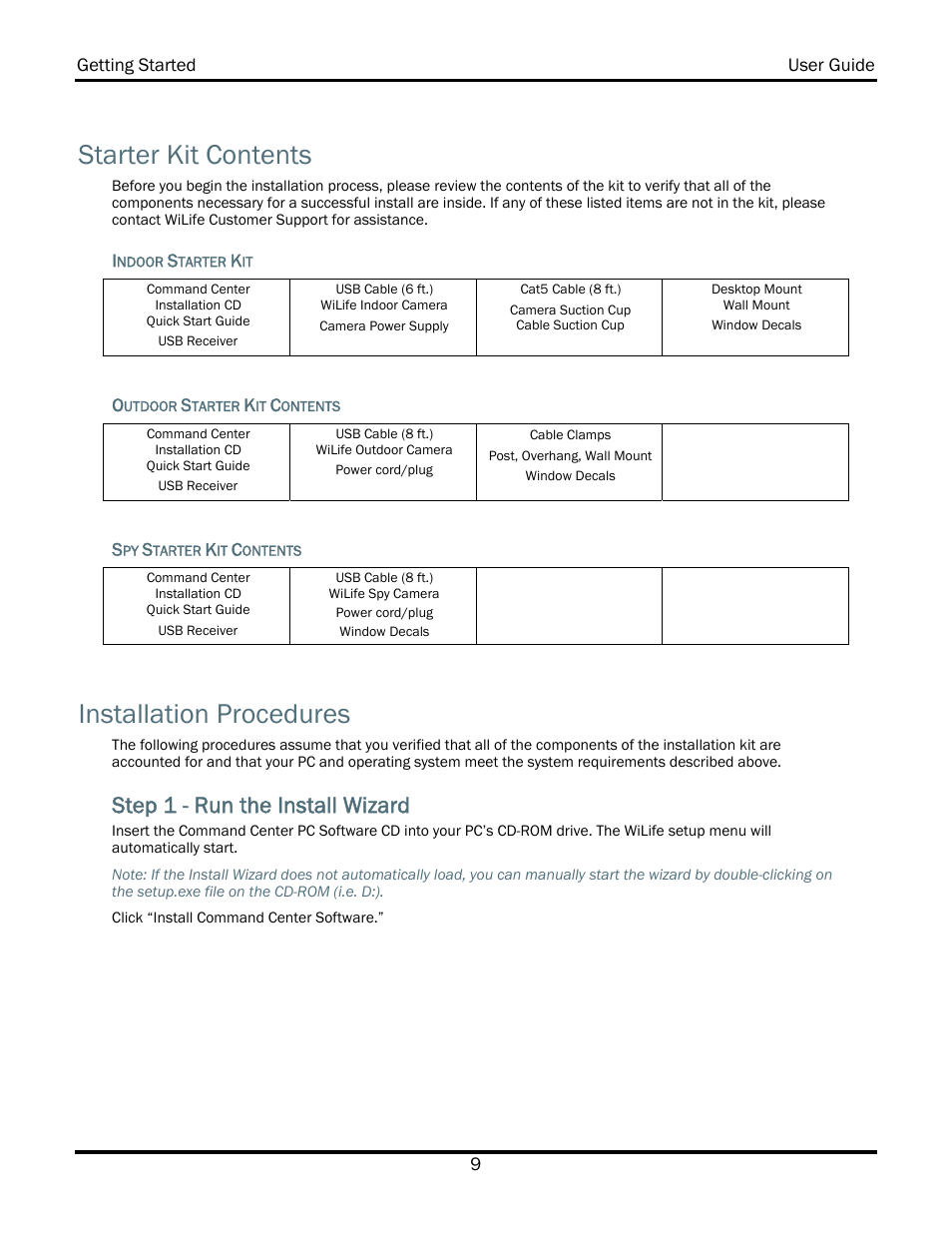 Starter kit contents, Installation procedures, Step 1 - run the install wizard | WiLife V2.5 User Manual | Page 23 / 166