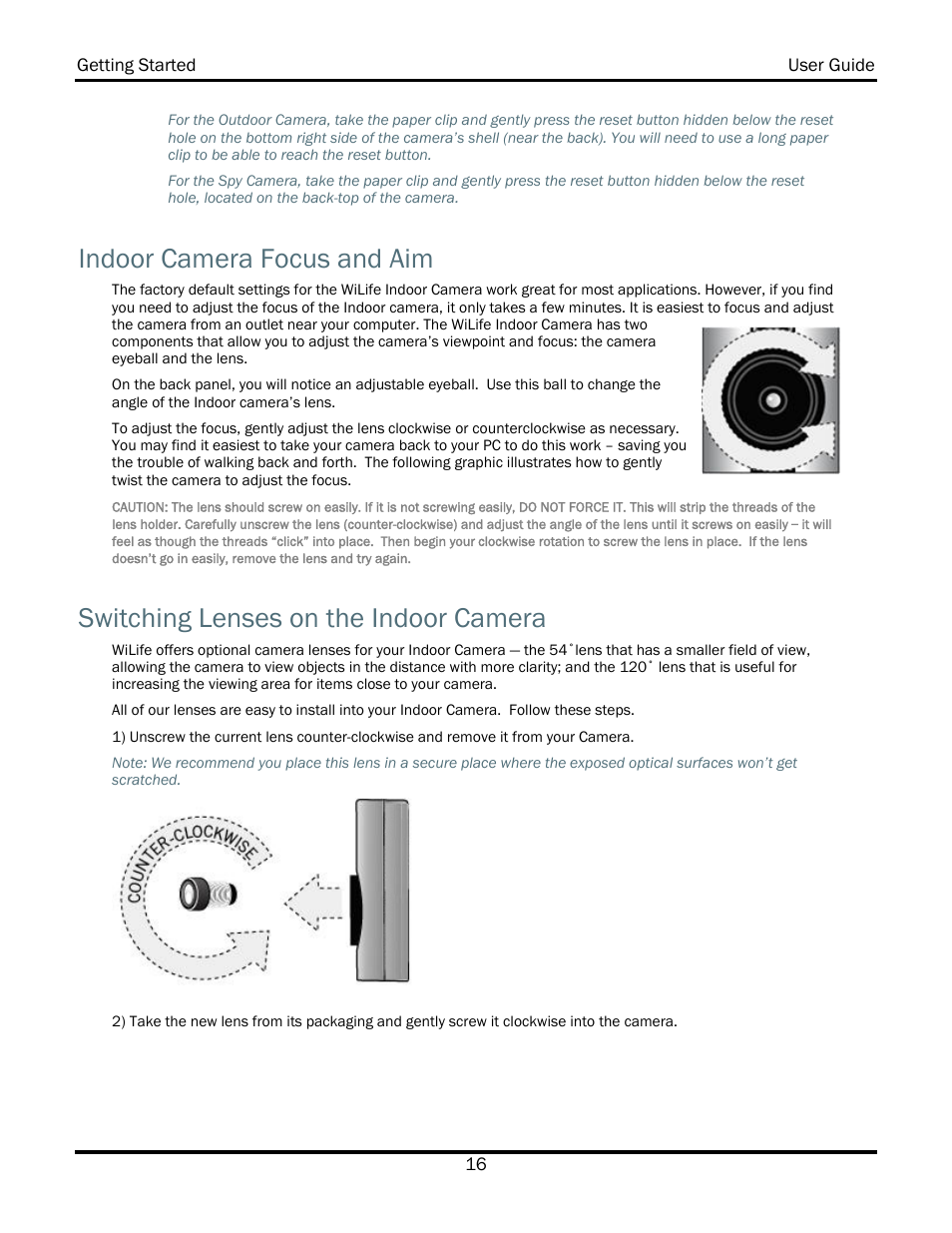 Indoor camera focus and aim, Switching lenses on the indoor camera | WiLife V2.5 User Manual | Page 30 / 166