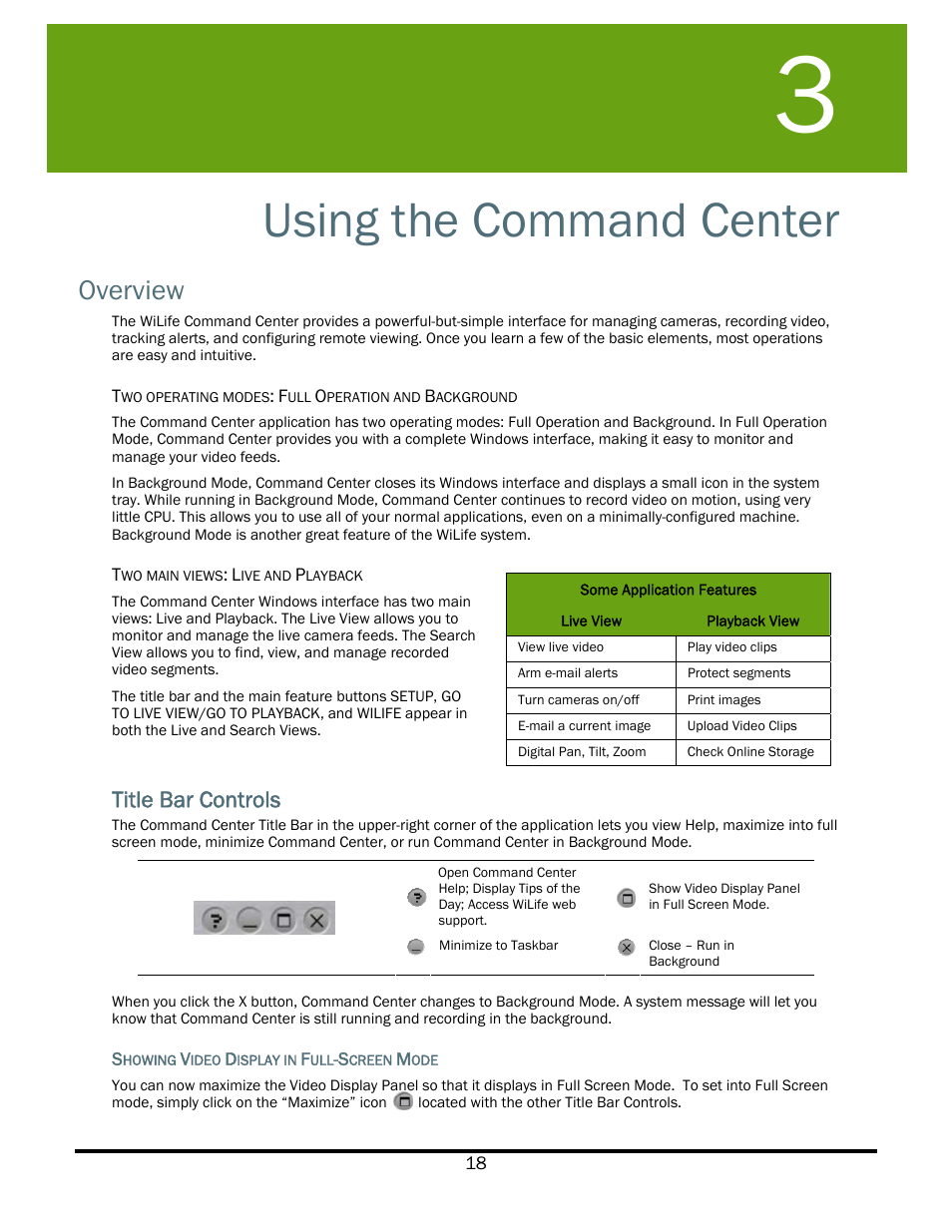 Using the command center, Overview, Title bar controls | WiLife V2.5 User Manual | Page 32 / 166