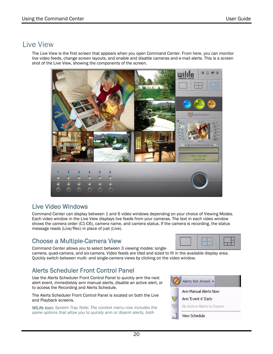 Live view, Live video windows, Choose a multiple-camera view | Alerts scheduler front control panel | WiLife V2.5 User Manual | Page 34 / 166