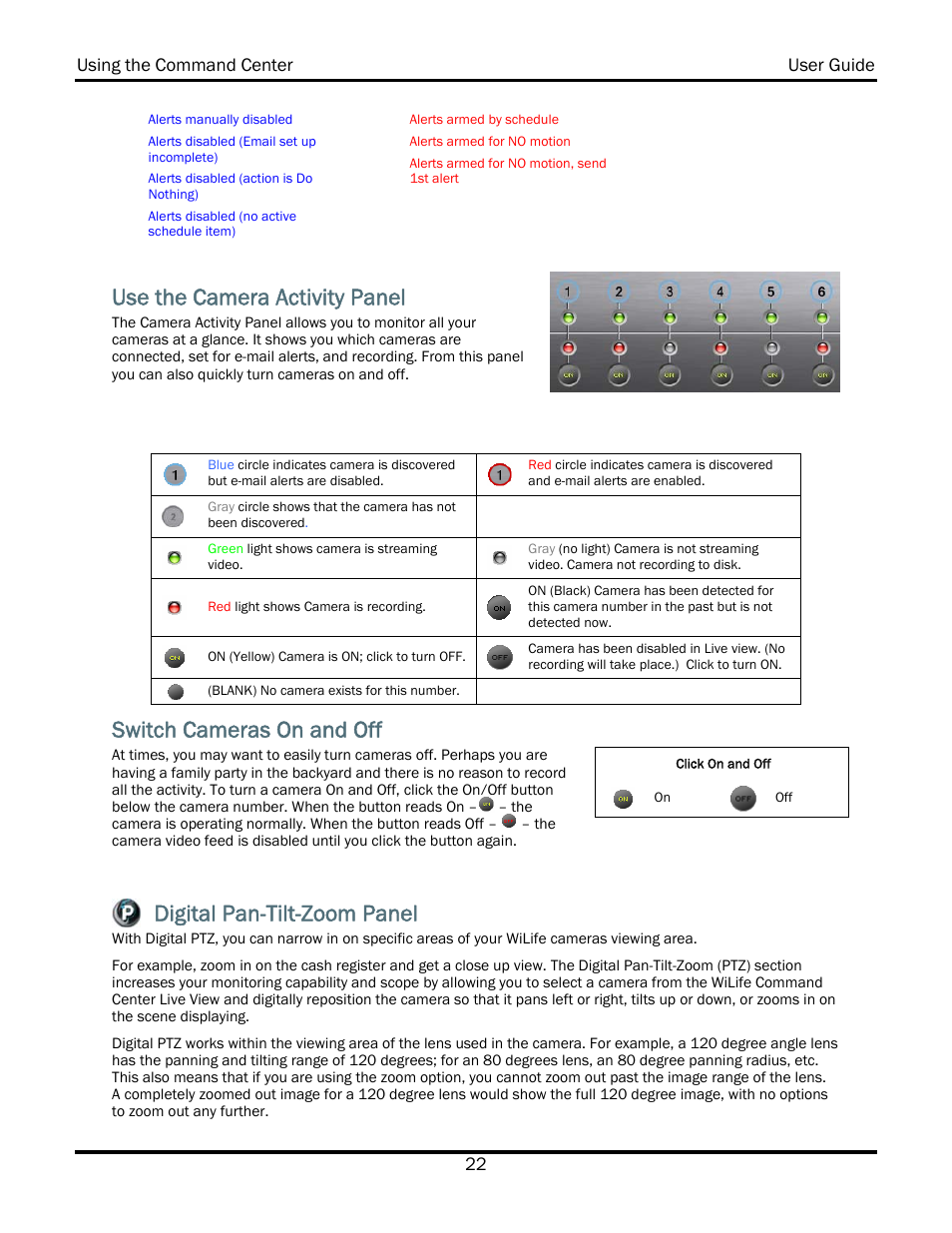 Use the camera activity panel, Switch cameras on and off, Digital pan-tilt-zoom panel | WiLife V2.5 User Manual | Page 36 / 166