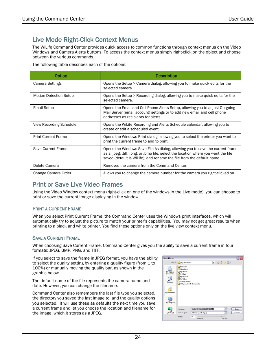 Live mode right-click context menus, Print or save live video frames | WiLife V2.5 User Manual | Page 38 / 166