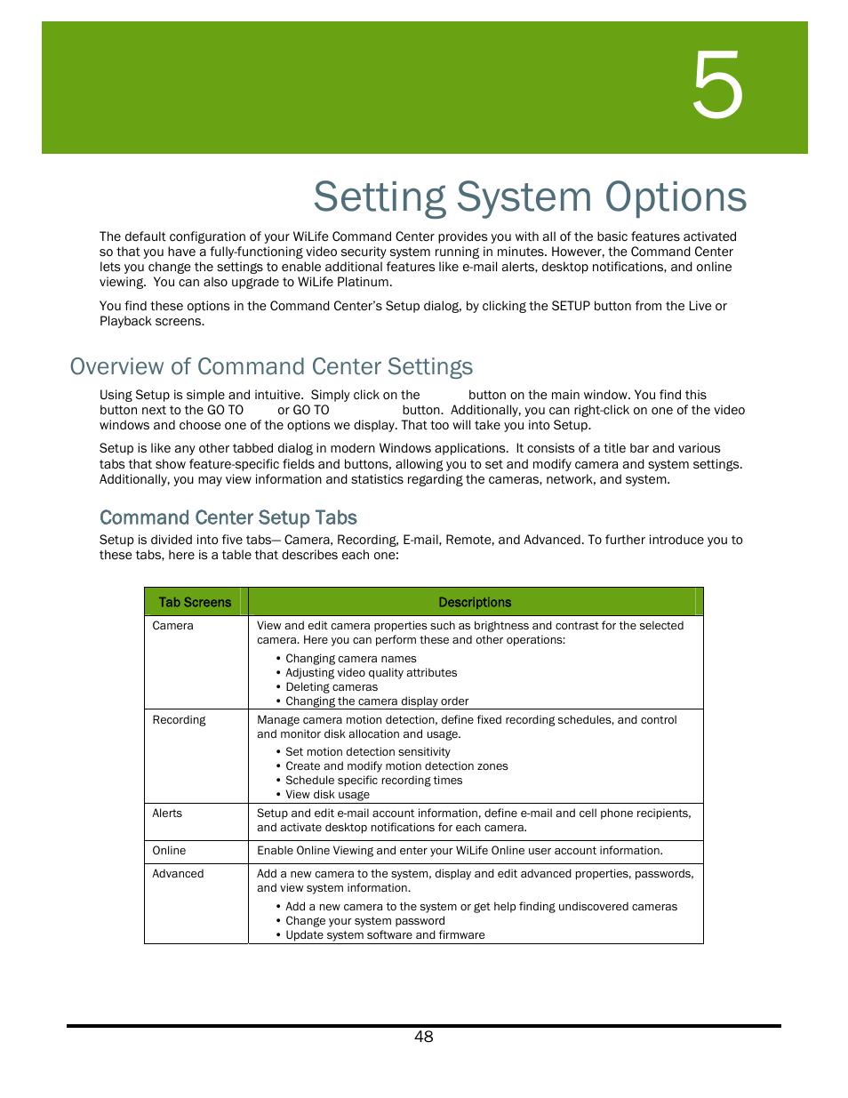 Setting system options, Overview of command center settings, Command center setup tabs | WiLife V2.5 User Manual | Page 62 / 166