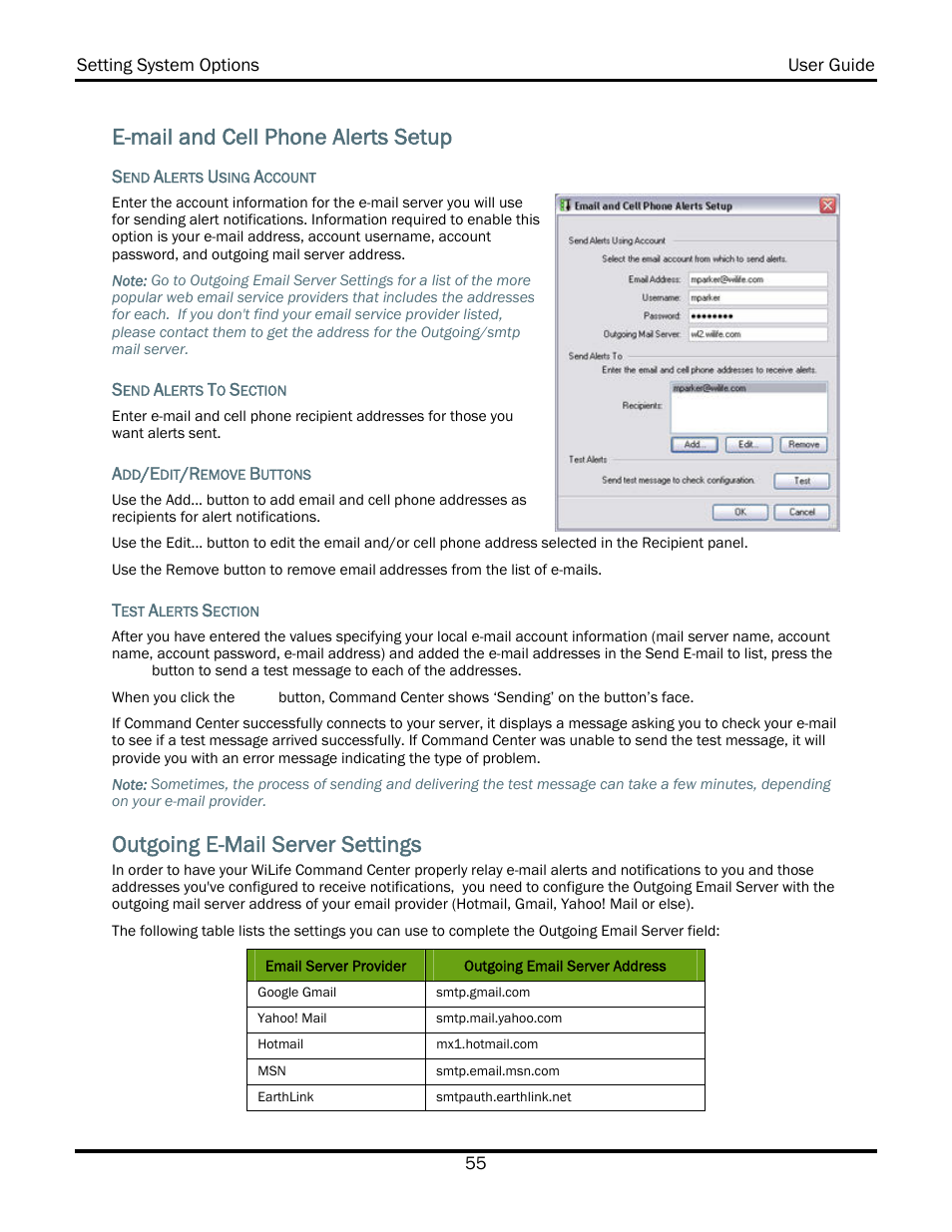 E-mail and cell phone alerts setup, Outgoing e-mail server settings | WiLife V2.5 User Manual | Page 69 / 166