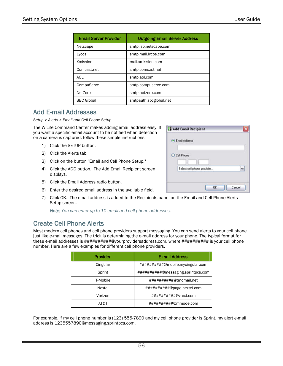 Add e-mail addresses, Create cell phone alerts | WiLife V2.5 User Manual | Page 70 / 166