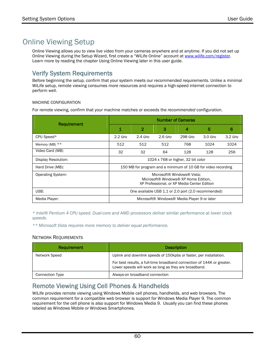 Online viewing setup, Verify system requirements, Remote viewing using cell phones & handhelds | WiLife V2.5 User Manual | Page 74 / 166