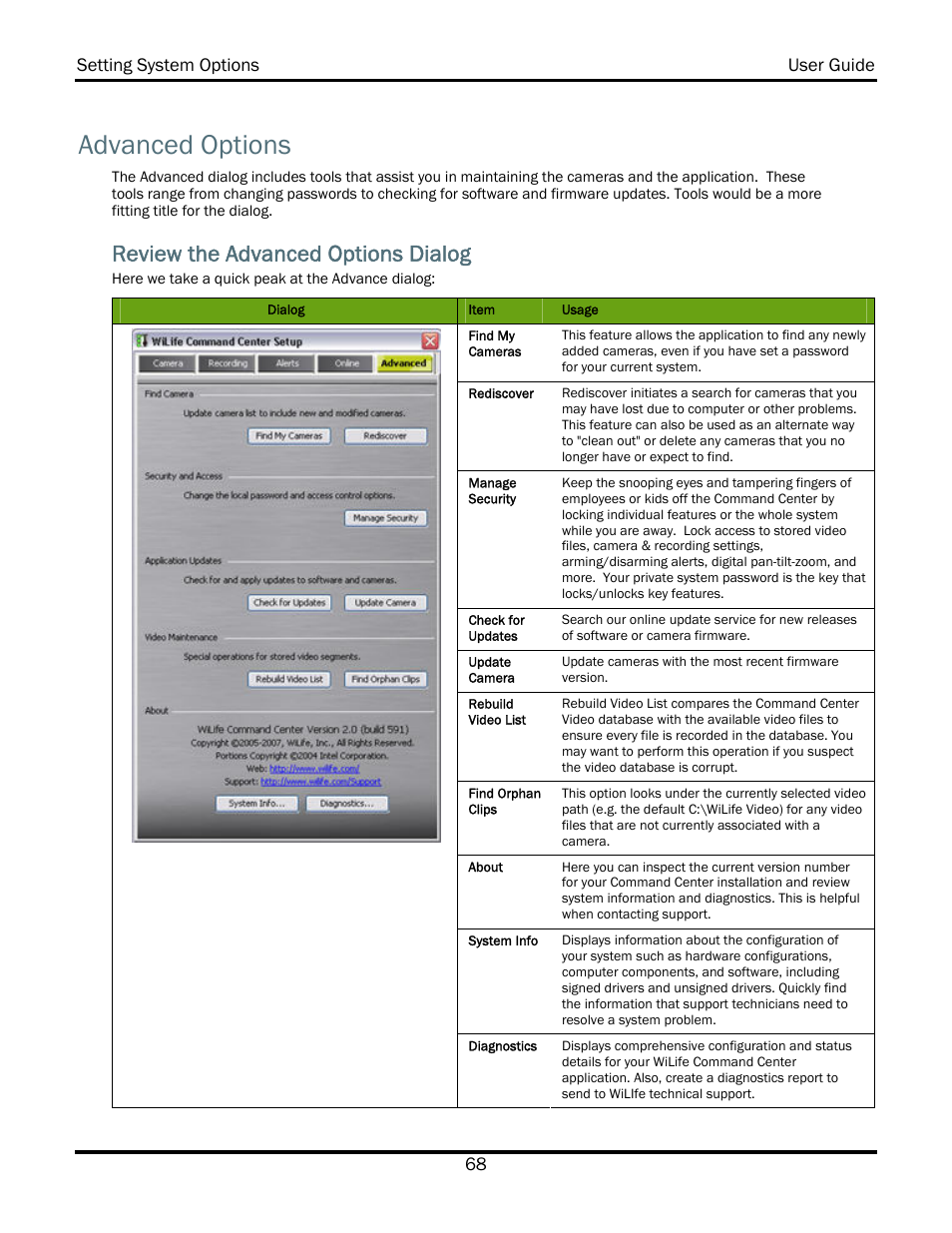 Advanced options, Review the advanced options dialog | WiLife V2.5 User Manual | Page 82 / 166