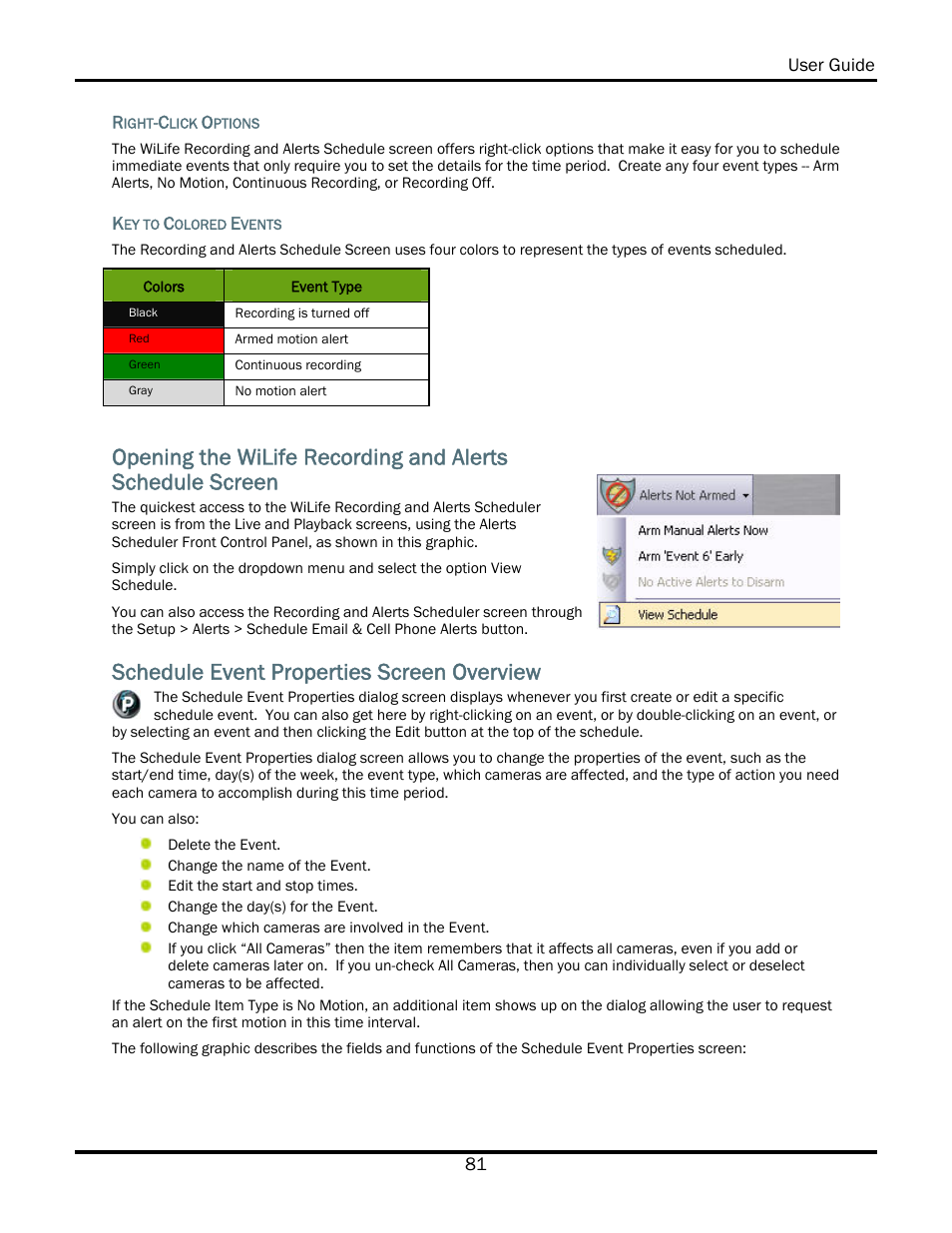 Schedule event properties screen overview | WiLife V2.5 User Manual | Page 95 / 166
