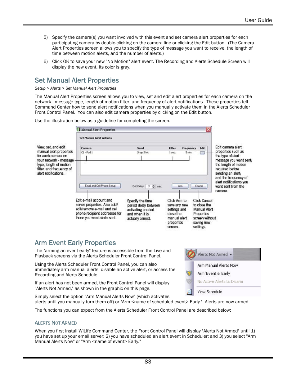 Set manual alert properties, Arm event early properties | WiLife V2.5 User Manual | Page 97 / 166