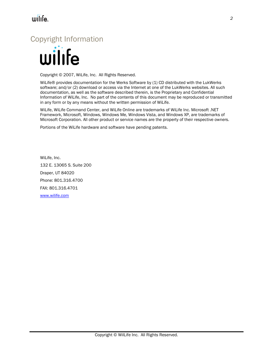 Copyright information | WiLife V2.0 User Manual | Page 3 / 8