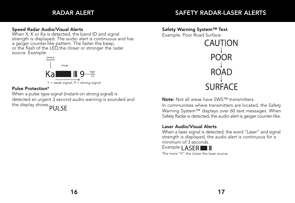 Safety radar-laser alerts 17 radar alert 16 | Whistler LASER/RADAR DETECTOR User Manual | Page 10 / 16