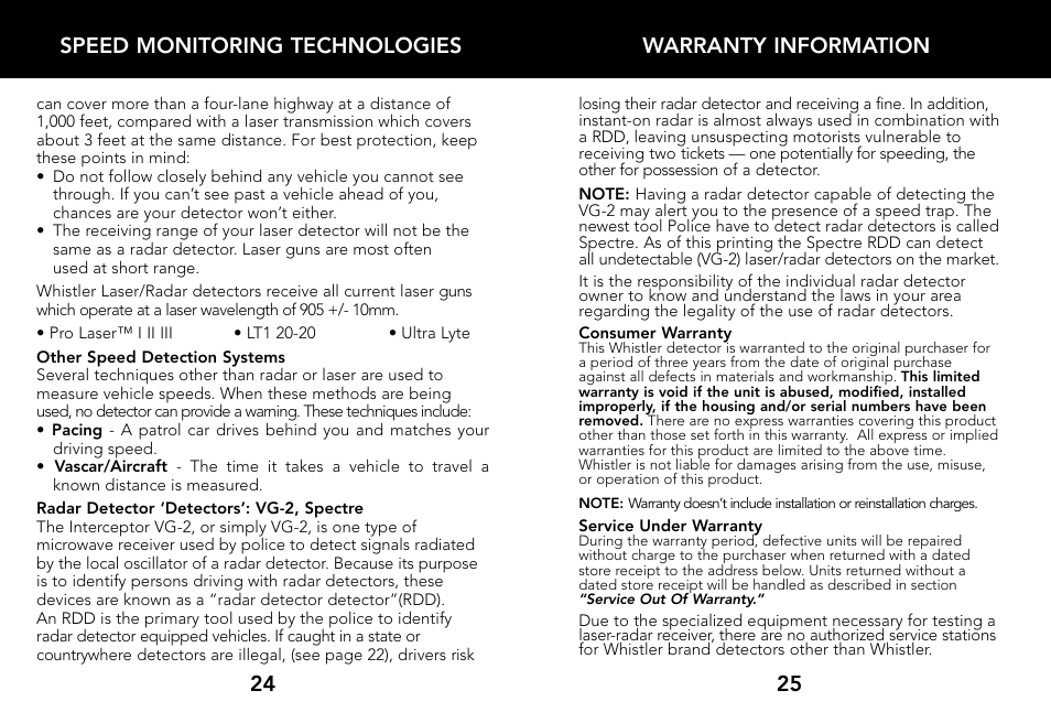 Speed monitoring technologies, 24 warranty information 25 | Whistler LASER/RADAR DETECTOR User Manual | Page 14 / 16