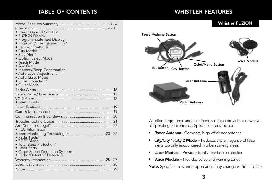 Whistler LASER/RADAR DETECTOR User Manual | Page 3 / 16