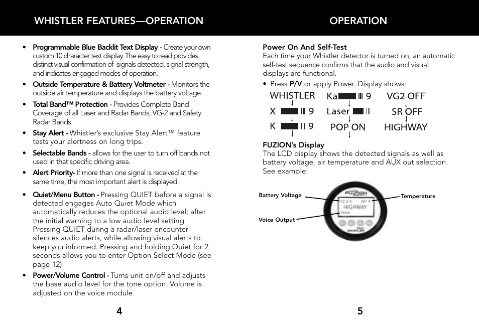 Operation 5 whistler features—operation | Whistler LASER/RADAR DETECTOR User Manual | Page 4 / 16
