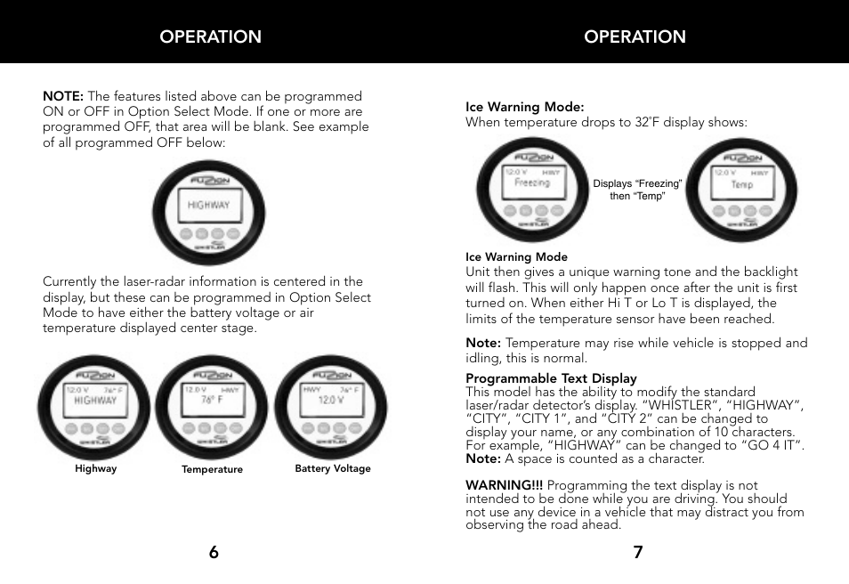 Operation 7 operation 6 | Whistler LASER/RADAR DETECTOR User Manual | Page 5 / 16