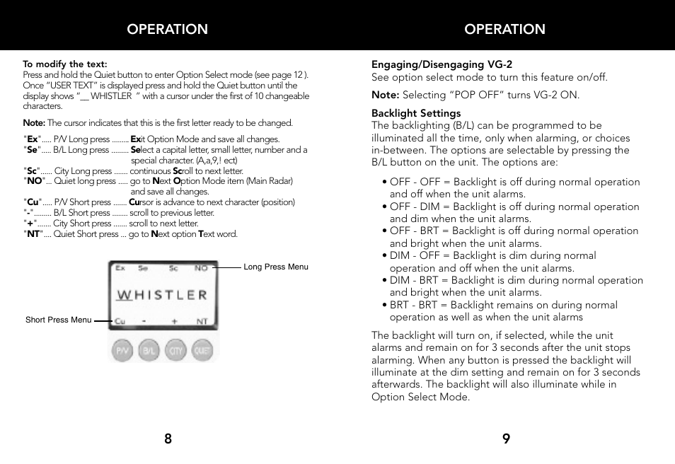 Operation 9 operation 8 | Whistler LASER/RADAR DETECTOR User Manual | Page 6 / 16