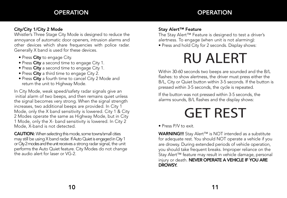Operation 11, Operation 10 | Whistler LASER/RADAR DETECTOR User Manual | Page 7 / 16
