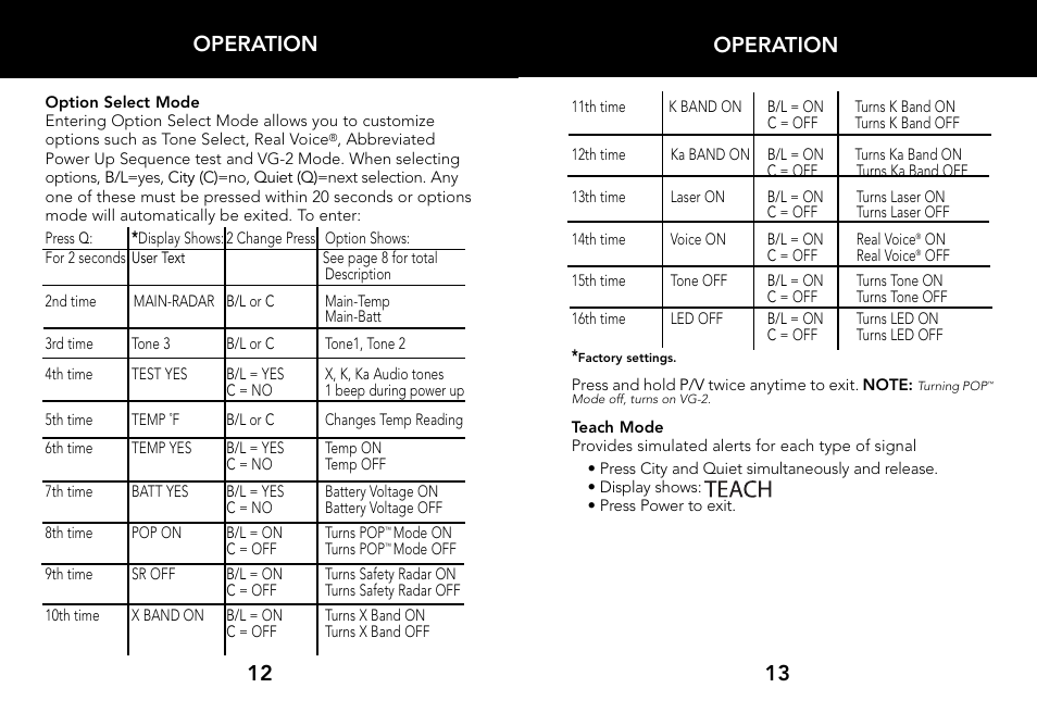 Operation 13 12 operation | Whistler LASER/RADAR DETECTOR User Manual | Page 8 / 16