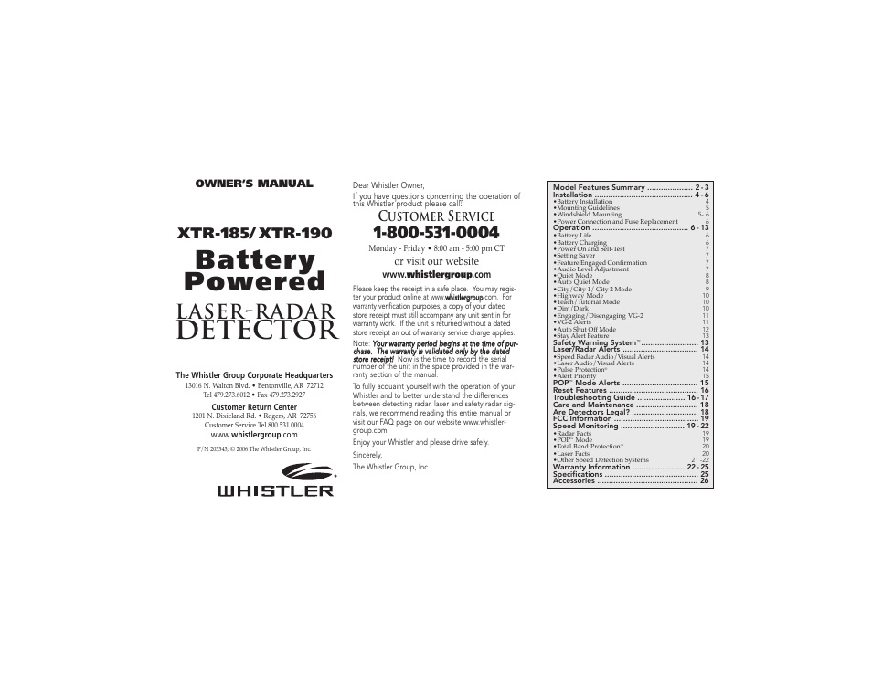 Whistler XTR-185 User Manual | 9 pages