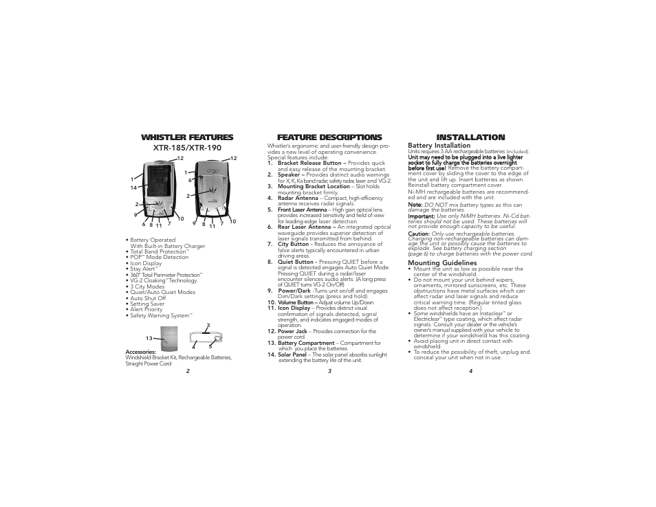 Whistler features feature descriptions, Installation | Whistler XTR-185 User Manual | Page 2 / 9