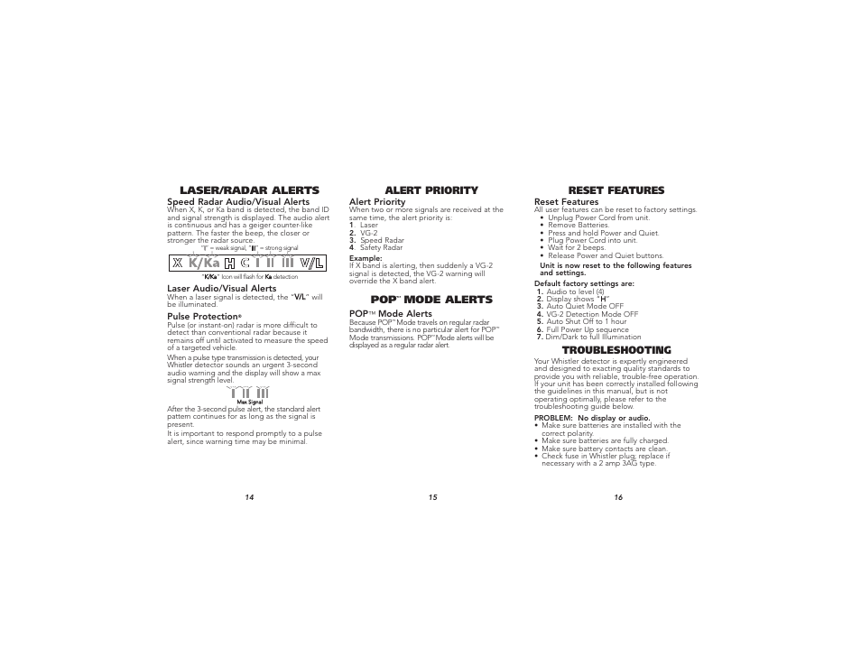 Laser/radar alerts, Mode alerts, Alert priority | Troubleshooting, Reset features | Whistler XTR-185 User Manual | Page 6 / 9