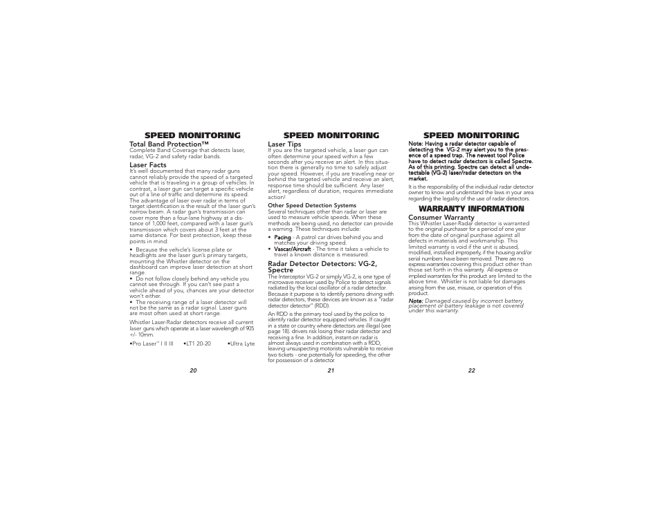 Speed monitoring, Warranty information | Whistler XTR-185 User Manual | Page 8 / 9