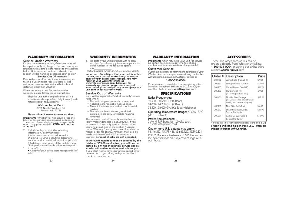 Warranty information, Speci fic ations, Accessories | Whistler XTR-185 User Manual | Page 9 / 9