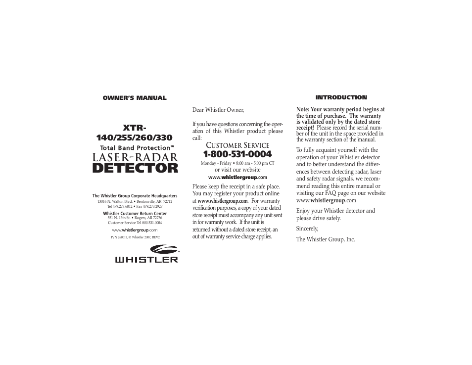 Whistler TOTAL BAND PROTECTION XTR-260 User Manual | 9 pages