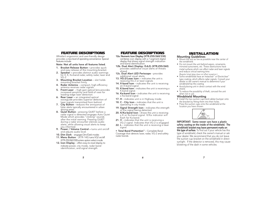 Feature descriptions, Installation | Whistler TOTAL BAND PROTECTION XTR-260 User Manual | Page 3 / 9