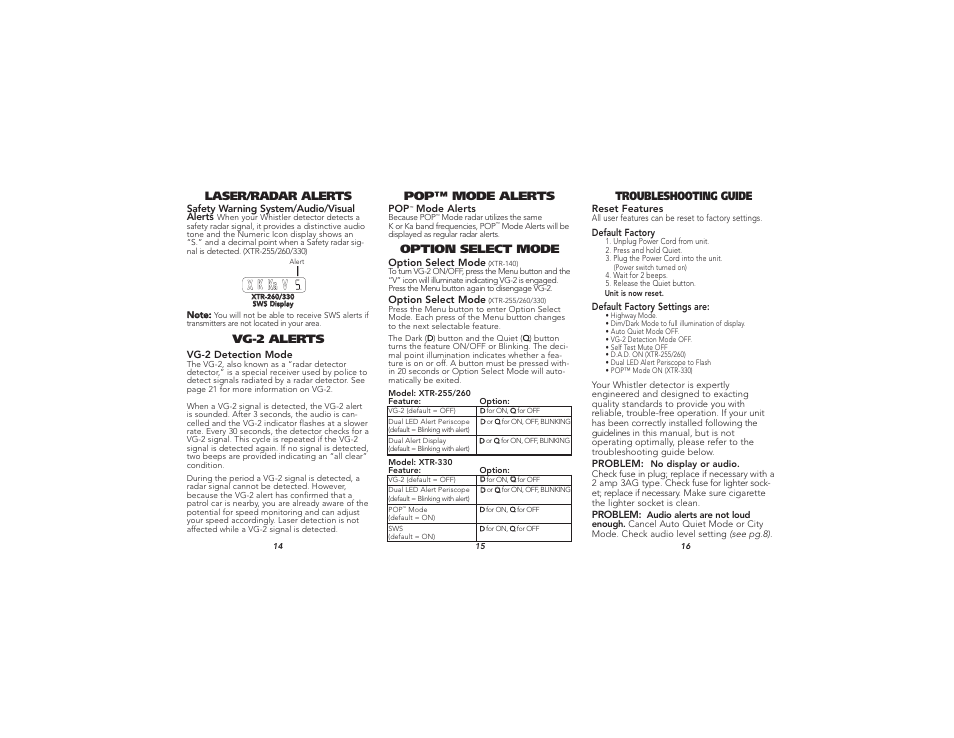 Pop™ mode alerts laser/radar alerts, Vg-2 alerts, Troubleshooting guide | Option select mode | Whistler TOTAL BAND PROTECTION XTR-260 User Manual | Page 6 / 9