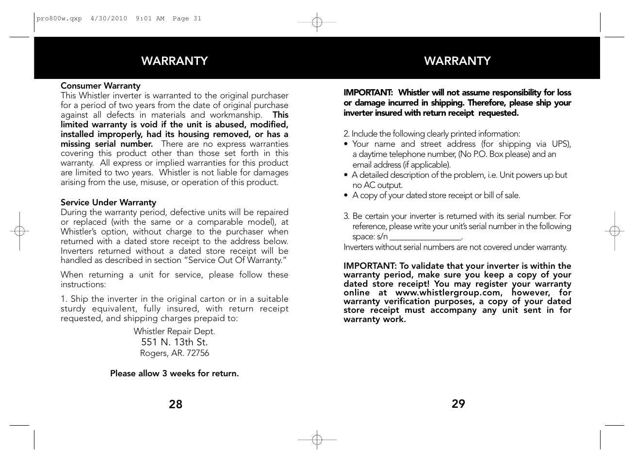 Warranty, 29 warranty | Whistler WATT PRO-800W User Manual | Page 16 / 17