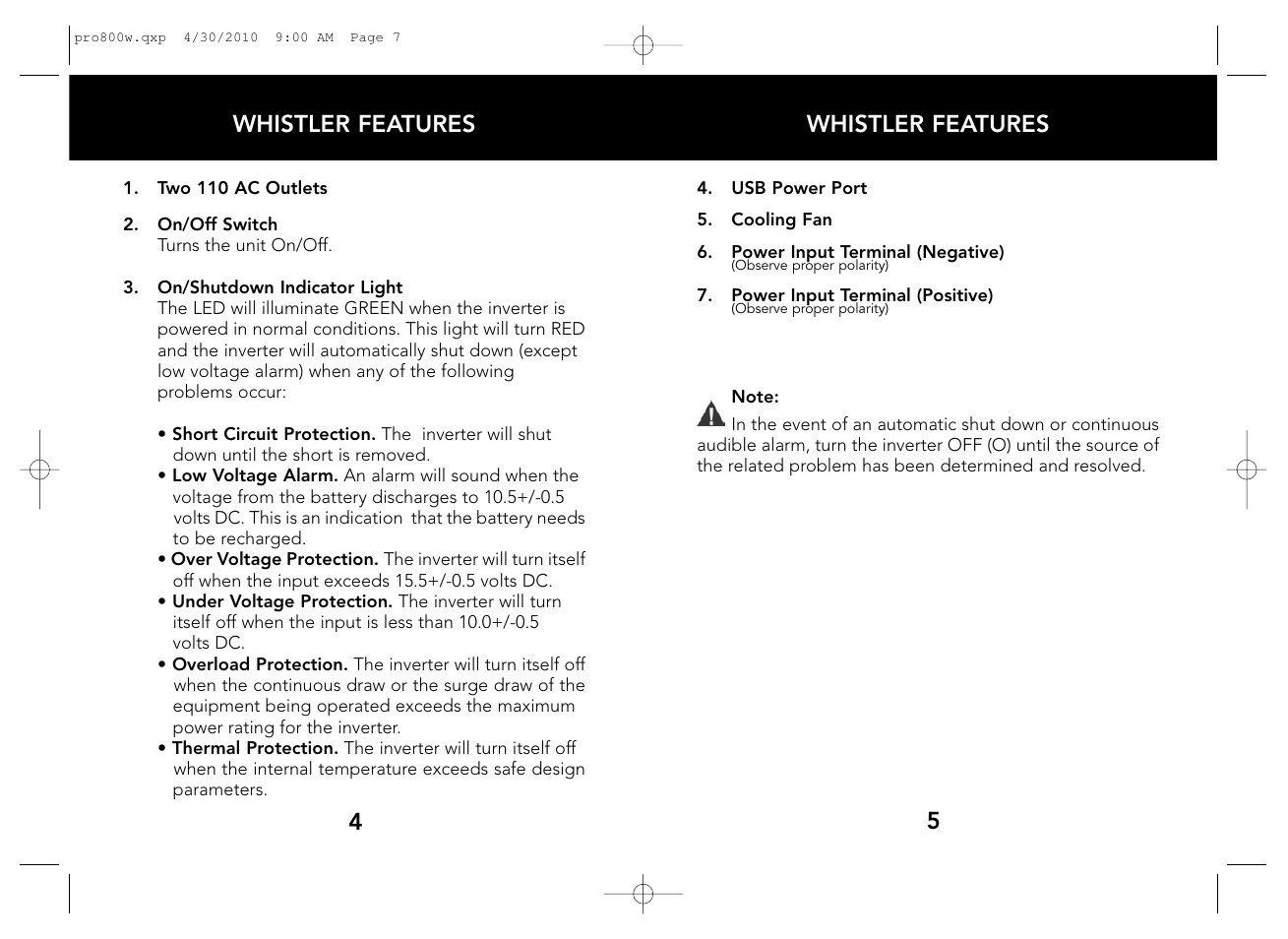 Whistler features, 5whistler features | Whistler WATT PRO-800W User Manual | Page 4 / 17