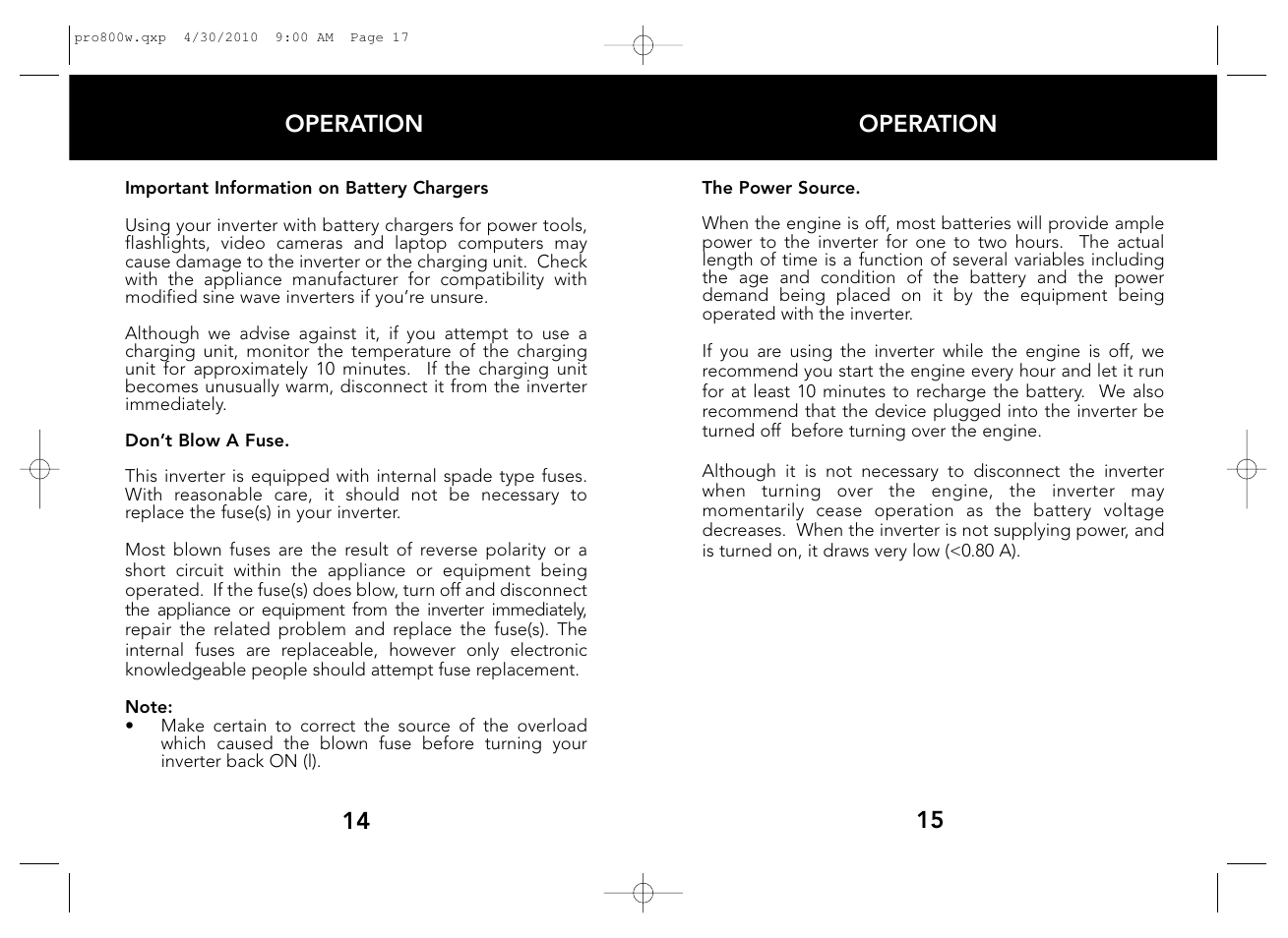 Operation, 15 operation 14 | Whistler WATT PRO-800W User Manual | Page 9 / 17