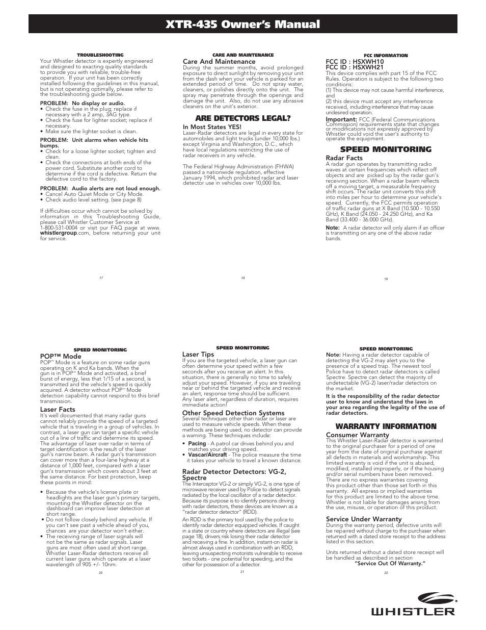 Xtr-435 owner’s manual, Are detectors legal, Speed monitoring | Warranty information | Whistler XTR-435 User Manual | Page 4 / 5